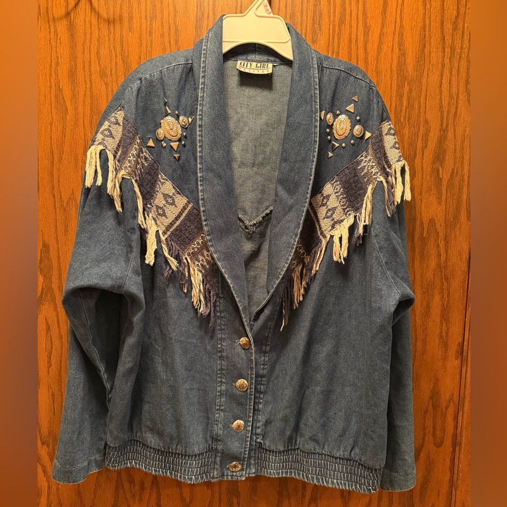 Vintage Denim Jacket with Fringe and Embellishments